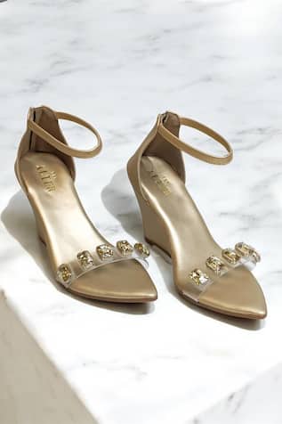 The Alter Gold Embellished Clear Strap Wedges 