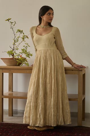Rhua Almond Gold Chanderi Anarkali Set 