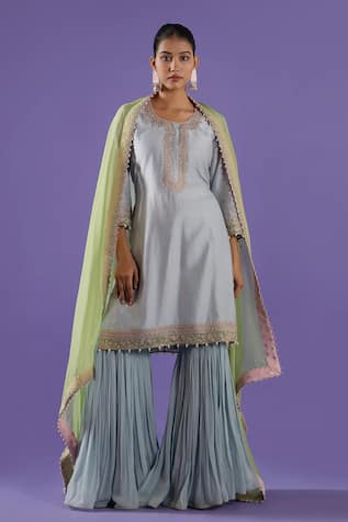 LABEL RADINI Mist Blue Chanderi Embroidered Sharara Set 