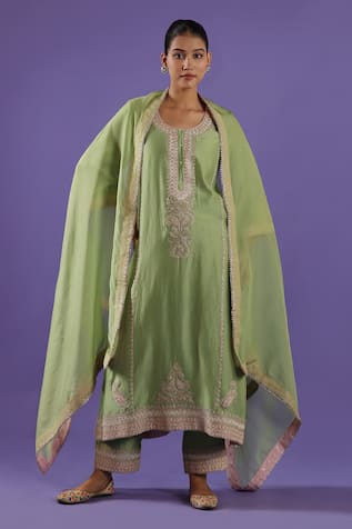 LABEL RADINI Mint Green Chanderi Embroidered Kurta Set 