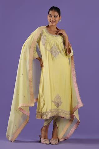 LABEL RADINI Lemon Aari Pearl Dhoti Kurta Set 