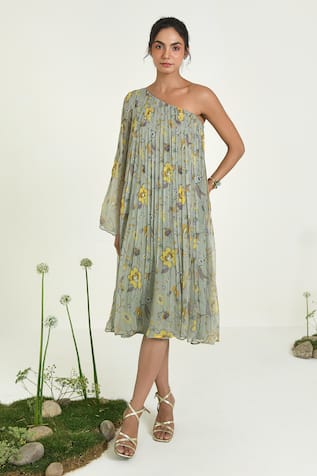 BAISE GABA Floral Chiffon One-Shoulder Midi Dress 