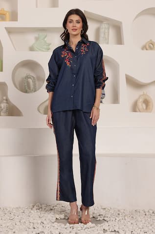 Saaj by Ankita Indigo Bloom Chambray Pant Set 