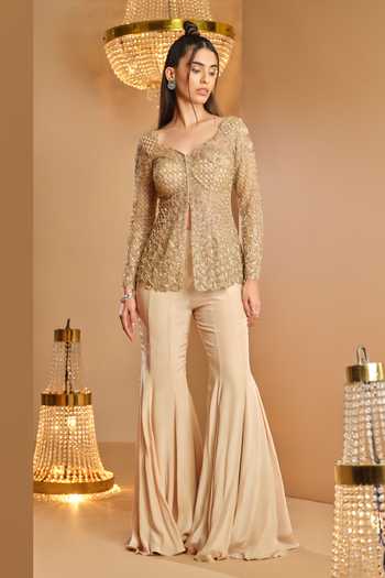 K & A By Karishma And Ashita Gold Net Embellished Jacket & Sharara Set 