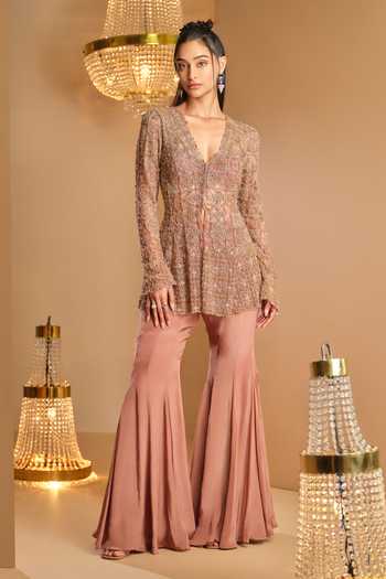 K & A By Karishma And Ashita Brown Net & Crepe Jacket Sharara Set 