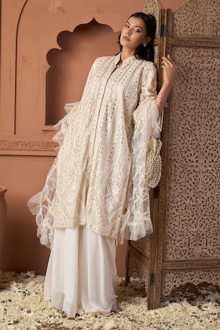 Tasuvure Indes Ivory Sequins Tunic & Skirt Set 