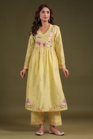 Label Niti Bothra Yellow Printed Silk Chanderi Kurta Set 