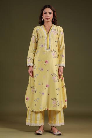Label Niti Bothra Printed Yellow Silk Chanderi Kurta Set 