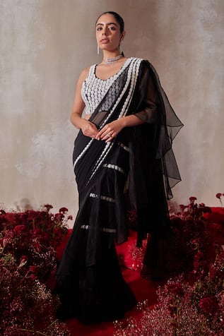 Tarini Vij Black Pre-Draped Saree With Blouse 