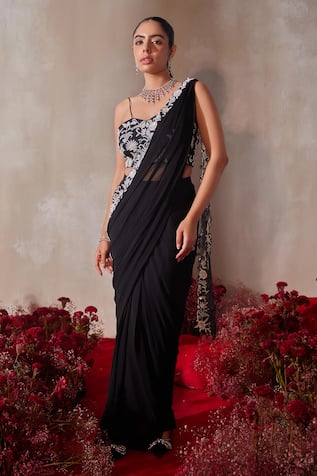 Tarini Vij Black Hand Embroidered Pre-Draped Saree With Blouse 