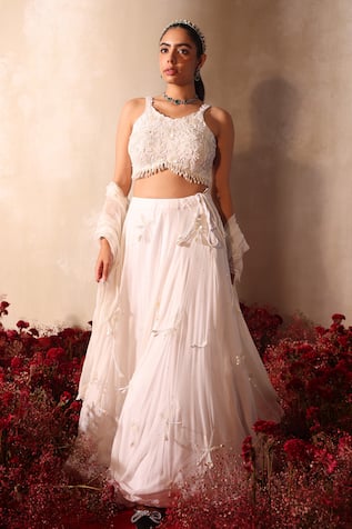 Tarini Vij White Embroidered Georgette Lehenga Set 
