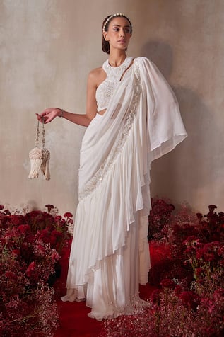 Tarini Vij Designer White Pre-Draped Lehenga Saree With Blouse 