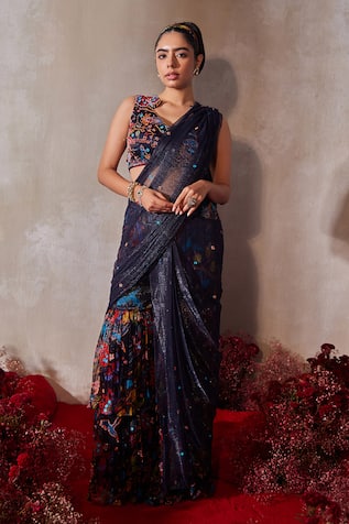Tarini Vij Midnight Blue Pre-Draped Sharara Saree With Blouse 