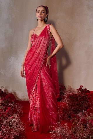 Tarini Vij Red Shimmer Chiffon Pre-Draped Saree Set 