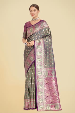 Naintara Bajaj Olive Green Banarasi Silk Saree Set 