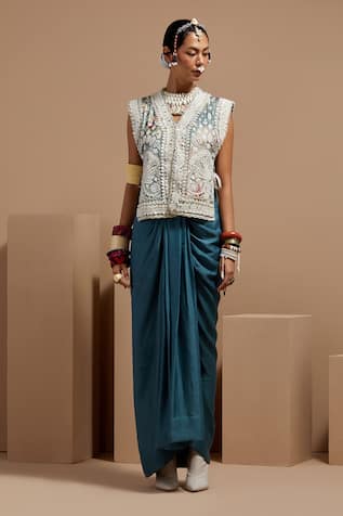 ASEEM KAPOOR Embroidered Dull Teal Gilet Set 