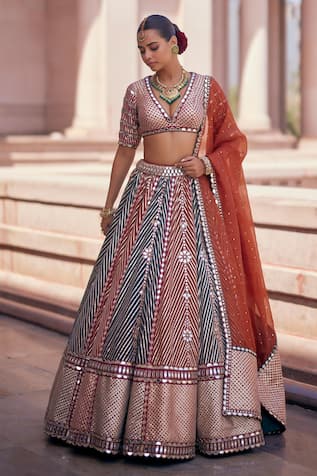 Vvani By Vani Vats Cranberry Multicolor Linear Flower Lehenga Set 