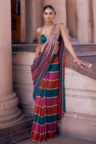 Vvani by Vani Vats Cranberry Multicolor Pre-Draped Saree Set 