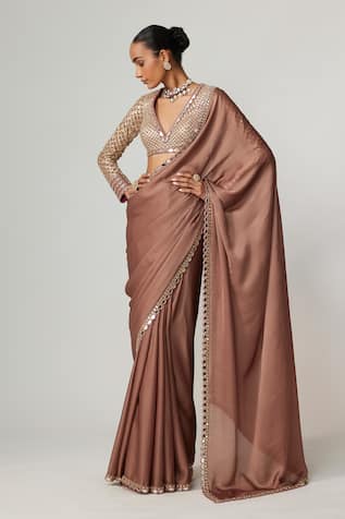 Vvani by Vani Vats Deep Beige Satin Saree Set 