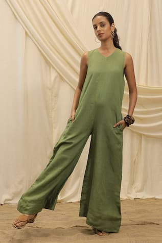 Akashi Clothing Green Linen Designer Jumpsuit 