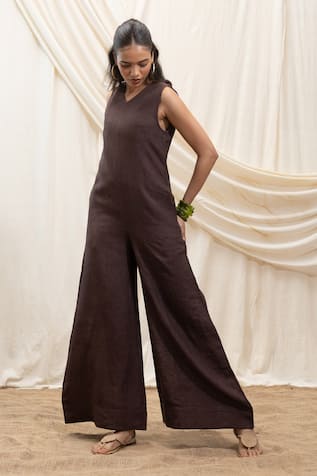Akashi Clothing Brown Linen Designer Jumpsuit 