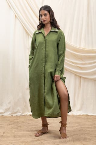 Akashi Clothing Green Linen Shirt Dress 