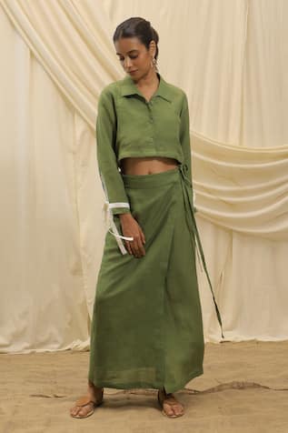 Akashi Clothing Olive Green Linen Skirt Set 