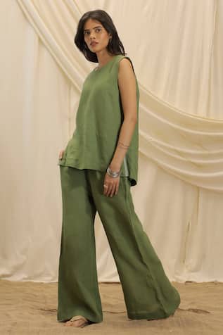 Akashi Clothing Olive Green Linen Top & Pant Set 