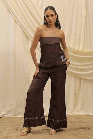 Akashi Clothing Brown Linen Tube Top & Pant Set 