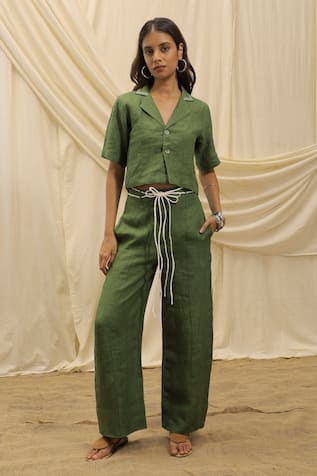 Akashi Clothing Olive Green Linen Shirt & Pant Set 