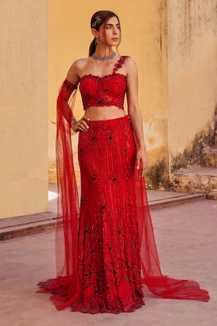 Label Moni K Red Designer Fusion Lehenga Set 
