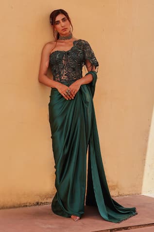 Label Moni K Bottle Green Pre-Draped Saree & Corset 
