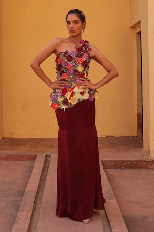 Label Moni K Floral Embroidered Corset & Draped Skirt Set 