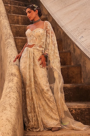 Label Moni K White Chantelle Pre-Draped Saree Set 