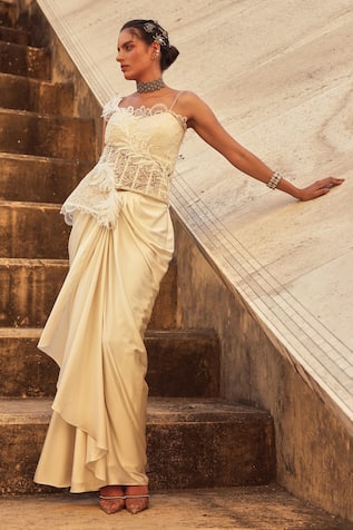 Label Moni K White Corset & Draped Skirt Set 