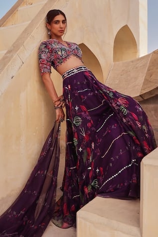 Label Moni K Wine Printed Lehenga Set 