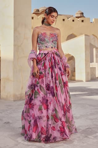 Label Moni K Floral Printed Organza Lehenga Set 