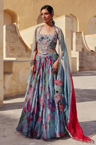 Label Moni K Light Blue Floral Printed Lehenga Set 