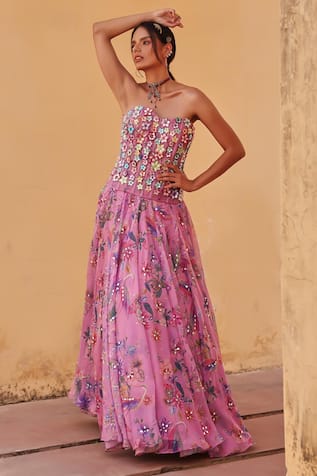 Label Moni K Lavender Printed Designer Lehenga & Corset 