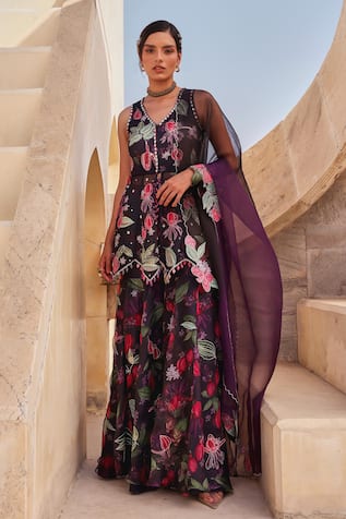 Label Moni K Floral Embroidered Kurta Gharara Set 