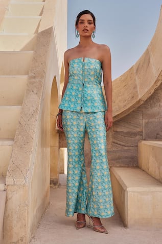 Label Moni K Light Blue Sequined Corset & Pant Set 