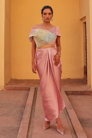 Label Moni K Multi Color Blouse & Draped Skirt Set 