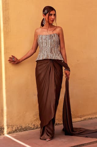 Label Moni K Brown Corset with Pre-draped Saree 