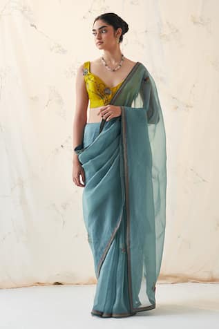 Janki India Teal Embroidered Saree With Blouse 