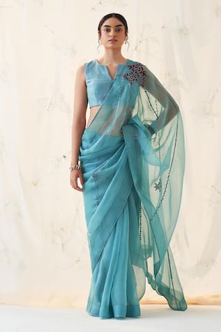 Janki India Teal Embroidered Organza Saree Set 