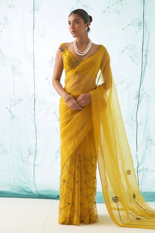 JANKI INDIA Yellow Organza Saree Set With Blouse 