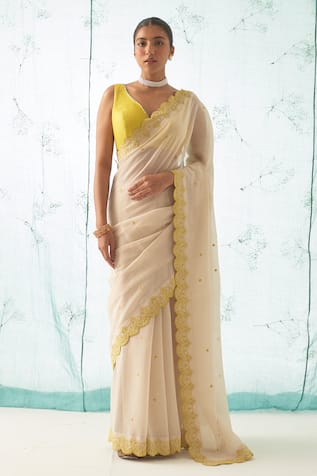 JANKI INDIA Ivory Chanderi Saree Set with Yellow Border 
