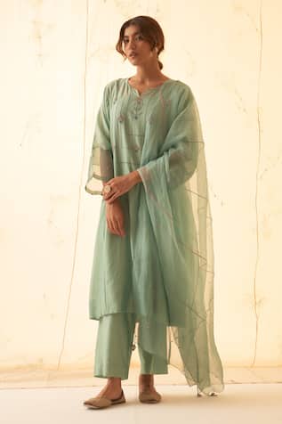 JANKI INDIA Aqua Floral Motif Embroidered Kurta Set 