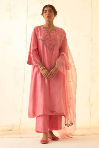 JANKI INDIA Pink Multicolour Embroidered Kurta Set 