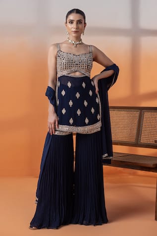 RAJ ARORA Navy Georgette Kundan Embellished Sharara Set 